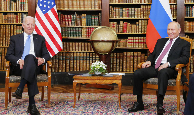 US President Joe Biden (L) meets with Russian President Valdimir Putin at the 'Villa la Grange' in Geneva on June 16, 2021. (AFP)