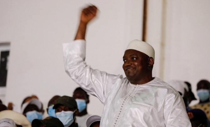 Gambia's president-elect Adama Barrow waves to his supporters after he gives a victory speech in Banjul, Gambia December 5, 2021. Picture taken December 5, 2021. (REUTERS)