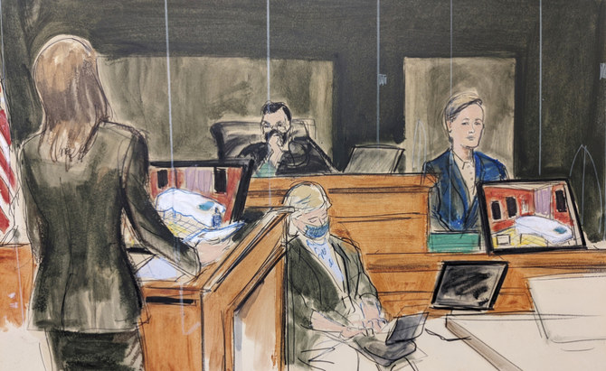 In this courtroom sketch, Assistant U.S. Attorney Alison Moe, left, questions Special FBI Agent Kelly McGuire on the witness stand, Monday, Dec. 6, 2021, in New York. (AP)