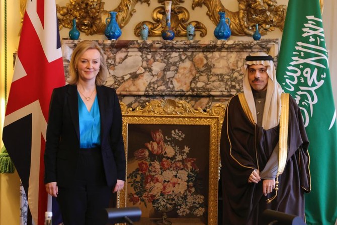 Saudi Arabia’s Minister of Foreign Affairs Prince Faisal bin Farhan with British Foreign Secretary Liz Truss during the GCC-UK meeting. (Twitter/@trussliz)