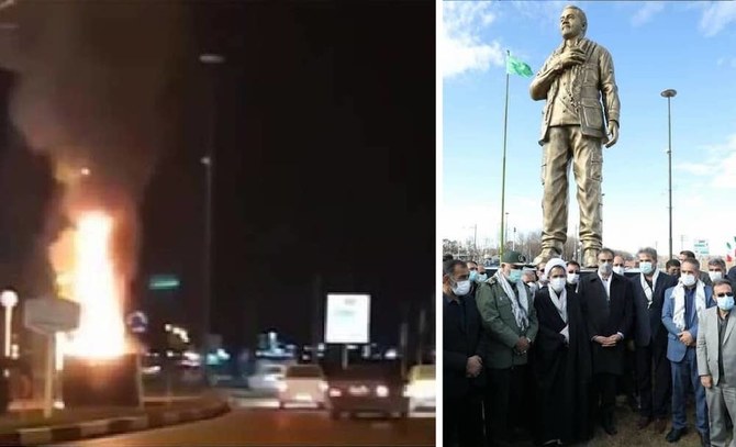 Newly unveiled statue of Iran’s Qassem Soleimani torched