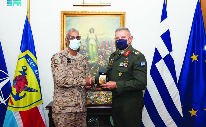 Gen. Konstantinos Floros recieves Ahmad Al-Mutairi in Athens on Friday. (SPA)