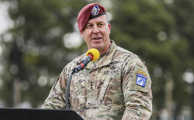 Lt. Gen. Michael "Erik" Kurilla, commander of the XVIII Airborne Corps, gives a speech at the 101st Airborne Division change of command, March 5, 2021, at the division parade field, Fort Campbell, Ky. (AP)