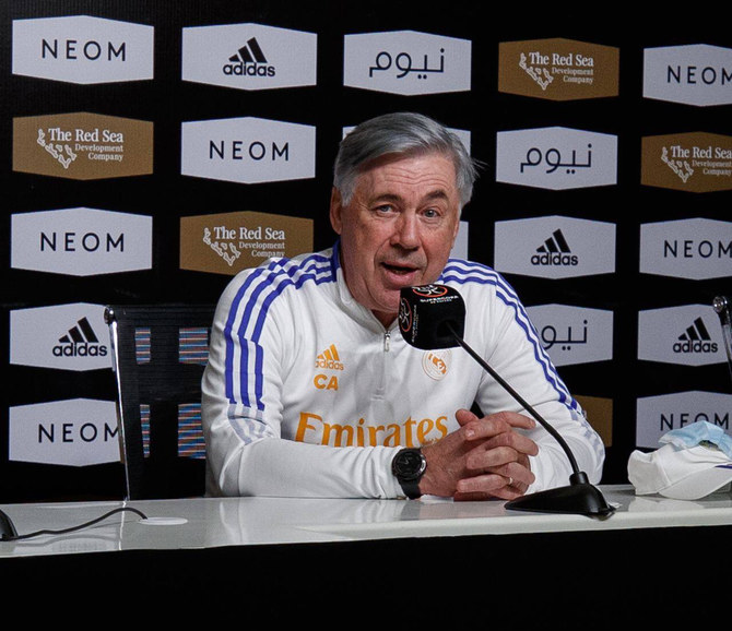 Carlo Ancelotti, first team manager of Real Madrid F.C., speaks to reporters at a press conference held in Riyadh on Tuesday, Jan. 11, 2022 ahead of the Spanish Super Cup semi-final against Barcelona. (Saudi Ministry of Sport)