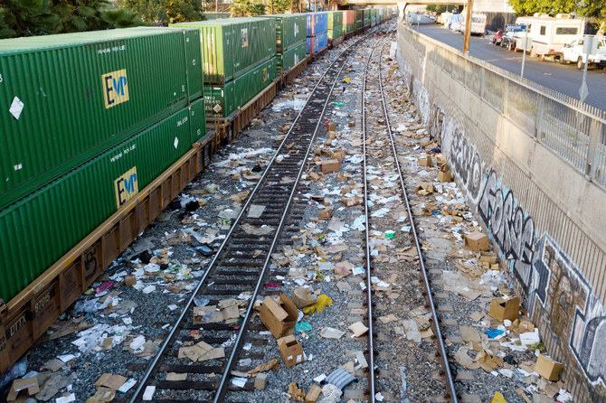 An aerial image from January 14, 2022 shows a section of Union Pacific train tracks littered with thousands of opened boxes and packages stolen from cargo shipping containers as the trains stop while approaching downtown Los Angeles, California. (AFP)