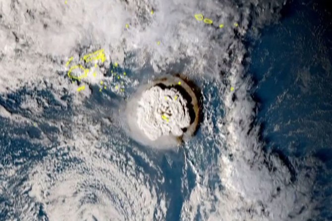 A grab taken from footage by Japan's Himawari-8 satellite shows the volcanic eruption that provoked a tsunami in Tonga. (AFP/National Institute of Information and Communications (Japan))