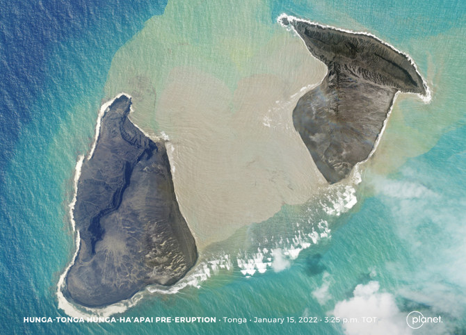A Planet SkySat image shows the underwater volcano Hunga Tonga-Hunga Ha'apai two hours before its eruption in Hunga Tonga-Hunga Ha'apai, Tonga, January 15, 2022. (REUTERS)