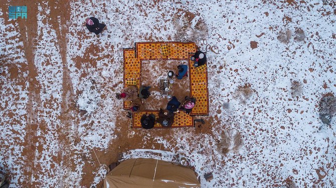 People in the Kingdom can enjoy a rare snowy escape at Jabal Al-Lawz. (SPA)