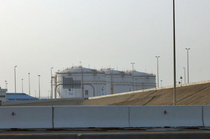 A storage facility belonging to ADNOC in the Msaffah industrial district in Abu Dhabi. Three people were killed in a suspected drone attack that set off a blast and a fire. (AFP)