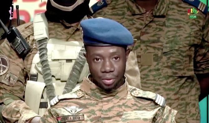 Captain Sidsore Kader Ouedraogo, spokesman for the Patriotic Movement for Safeguarding and Restoration, announces that the army has taken control of the country in Ouagadougou, Burkina Faso January 24, 2022. (REUTERS)