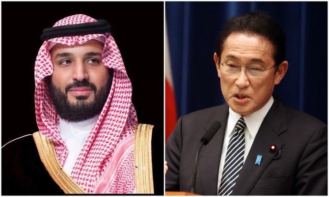 Japan Prime Minister Kishida Fumio and Saudi Crown Prince Mohammed bin Salman confirmed strong bilateral ties during a telephone call. (SPA/AFP/File Photo)