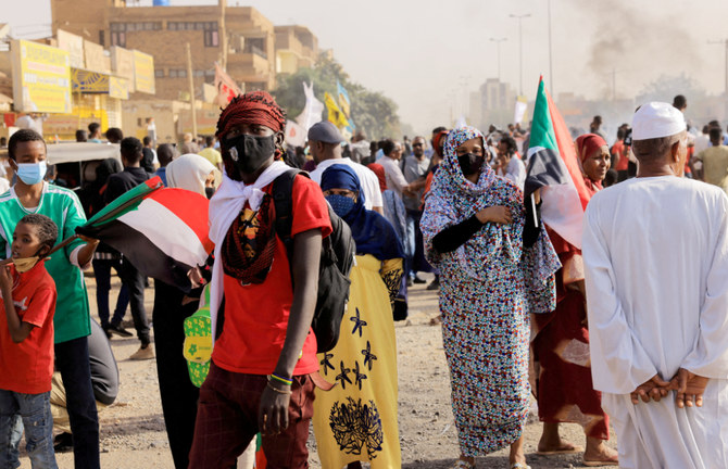 Protesters march during a rally against military rule following coup in Khartoum, Sudan, February 10, 2022. (Reuters)