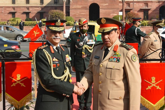 India's Chief of Army Staff Gen. M.M. Naravane receives Royal Saudi Land Forces commander Lt. Gen. Fahd bin Abdullah Mohammed Al-Mutair in New Delhi on Tuesday. (Supplied)