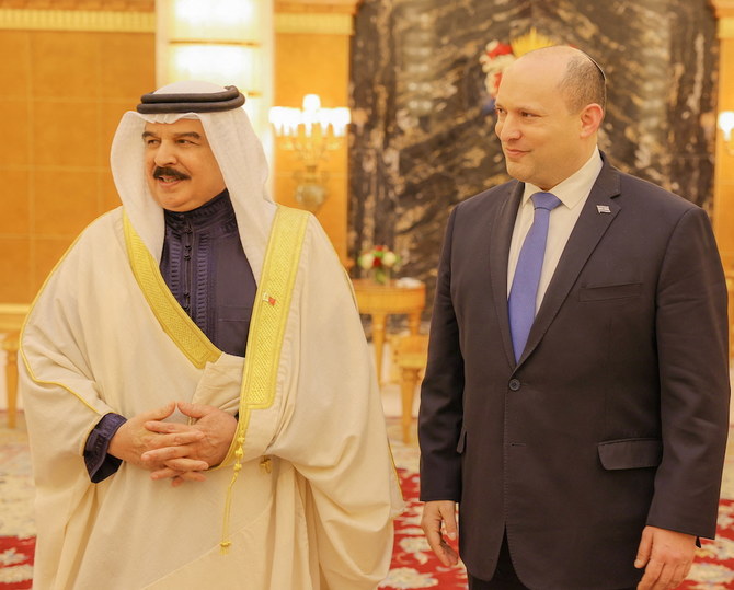 Bahrain’s King Hamad receives Israeli Prime Minister Naftali Bennett at Sakhir Palace, Sakhir, Bahrain, Feb. 15, 2022. (Bahrain News Agency/Reuters)