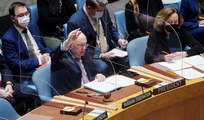 Russia's Ambassador to the United Nations Vassily Nebenzia votes during a United Nations Security Council meeting, on a resolution regarding Russia's actions toward Ukraine in New York City, U.S., February 25, 2022. (REUTERS)