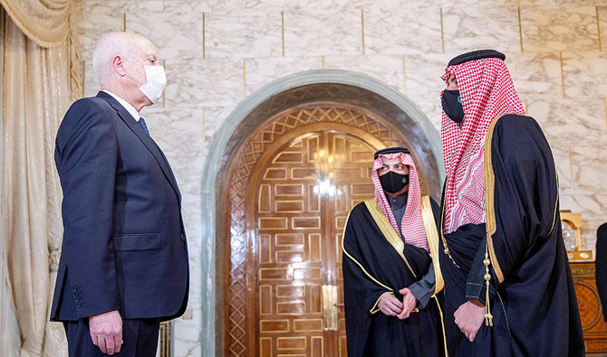Tunisian President Kais Saied welcomes Saudi Interior Minister Prince Abdulaziz bin Saud bin Naif in Tunis. (SPA)
