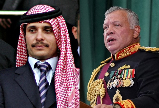 Jordan’s Prince Hamzah (L) has written to King Abdullah apologizing for his misconduct, admitting his mistakes, and seeking forgiveness for his involvement in the country’s high-profile sedition case. (AFP/File Photo)