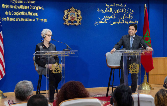 Morocco's Foreign Minister Nasser Bourita and US Deputy Secretary of State Wendy Sherman (L) give a joint press conference following their meeting in Rabat on March 8, 2022. (AFP)