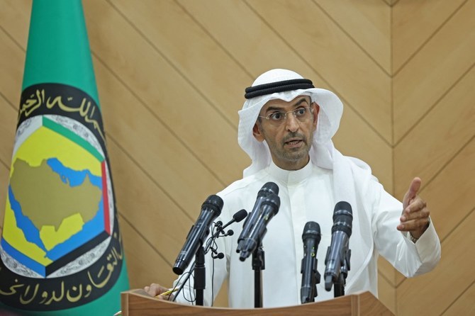 Nayef Falah Al-Hajraf, Secretary-General of the GCC, speaks during a press conference in Riyadh on March 17, 2022. (AFP)