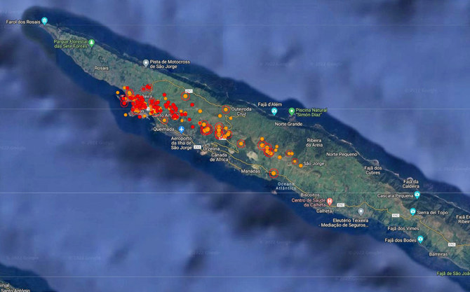 Satellite map shows seismic activity at Sao Jorge island after around 1,100 small earthquakes have rattled one of Portugal's mid-Atlantic volcanic islands in Azores islands, Portugal. (REUTERS)