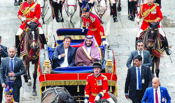 Saudi Crown Prince Mohammed bin Salman was accorded a grand welcome during his visit to Islamabad, Pakistan, in February 2019. (AFP)