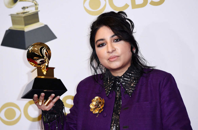 Pakistani vocalist Arooj Aftab poses with the Best Global Music Performance in the press room during the 64th Annual Grammy Awards at the MGM Grand Garden Arena in Las Vegas on April 3, 2022. (AFP)