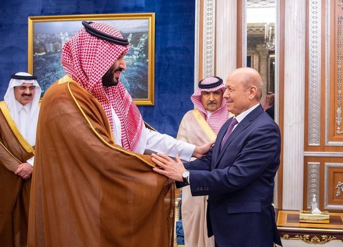 Saudi Arabia’s Crown Prince Mohammed bin Salman meets members of Yemen’s new presidential leadership council. (Twitter: @Spa_Eng)