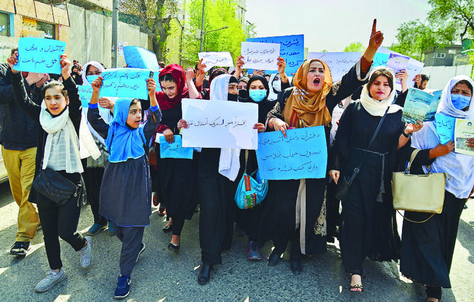 Afghan women protest outside the Ministry of Education. (AFP file photo)