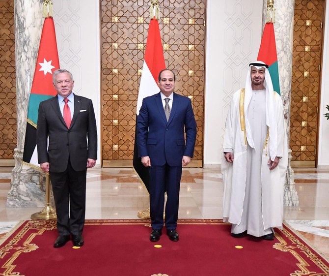The king of Jordan, the Abu Dhabi crown prince and the Egyptian president met in Cairo on Monday. (Supplied)