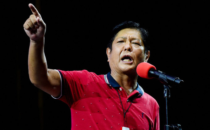  Philippine presidential candidate Ferdinand Marcos Jr. gestures as he speaks during a campaign rally in  Manila, Philippines. 