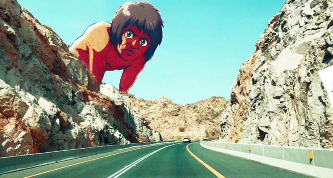 Titan from Japanese anime ‘Attack on Titan’ behind mountains of Al-Shafa road, Taif. (Supplied)