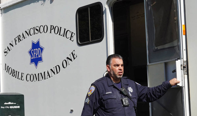 A San Francisco police officer steps out of the mobile command unit in Union Square on May 24, 2022 in San Francisco, California