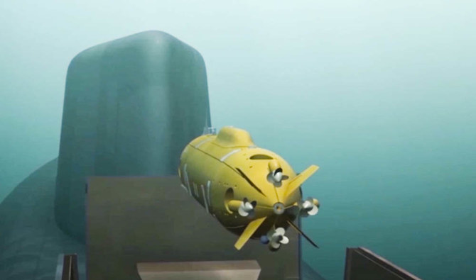 A computer simulation shows a Russian nuclear-powered underwater drone being released by a submarine. (AP file photo)
