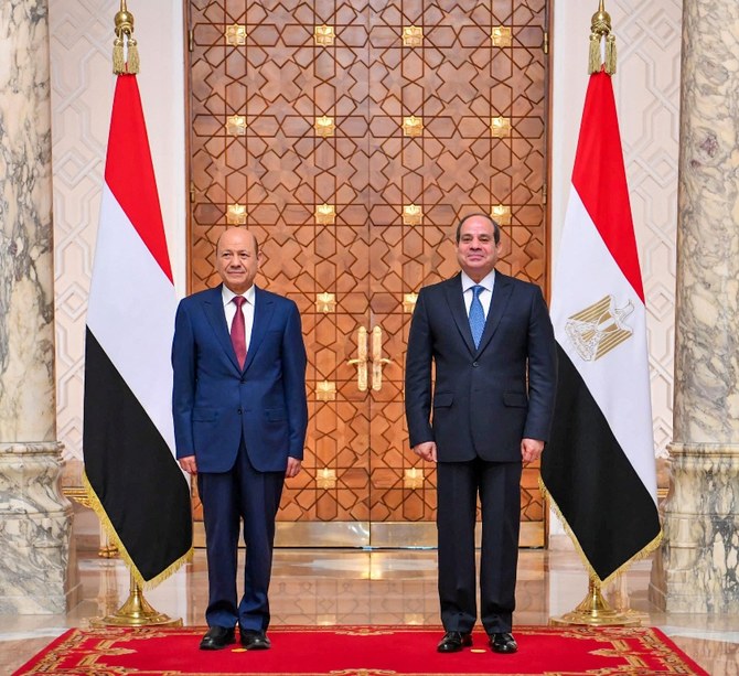 Egyptian President Abdel Fattah El-Sisi and his Yemeni counterpart Rashad Al-Alimi ahead of their meeting in Cairo. (Egyptian Pr