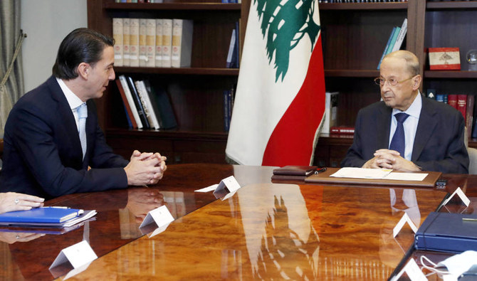 Lebanese President Michel Aoun (R) meeting with US Senior Advisor for Energy Security Amos Hochstein in Baabda, Beirut. (AFP)