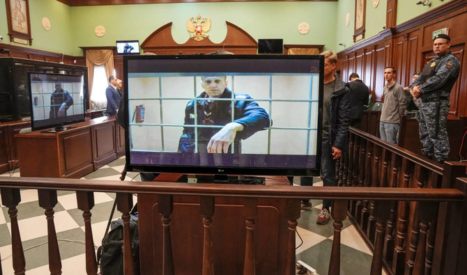 Russian opposition leader Alexei Navalny appears on a video link from prison at Moscow City Court, Tuesday, May 24, 2022. (AP)