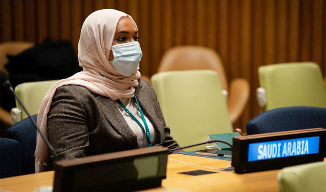 Sulafa Mousa speaking at the United Nations General Assembly meeting held on Monday in New York. (SPA)