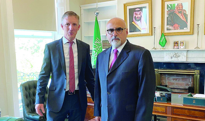 Saudi envoy to Ireland Nayel bin Ahmed Al-Jubeir receives Ireland’s Ambassador-designate to KSA Gerry Cunningham in Dublin. (SPA