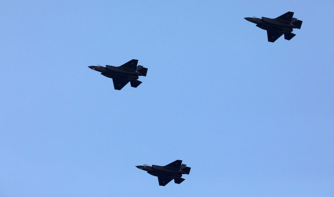 Air Force F-35 fighter jets fly over the Mediterranean Sea during an aerial show in Tel Aviv. (REUTERS)