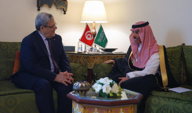 Saudi Foreign Minister Prince Faisal bin Farhan meets with Tunisian Foreign Minister Othman Jerandi in Cairo. (SPA)