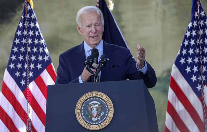 U.S. President Joe Biden speaks with dignitaries and employees at ViaSat on November 4, 2022 in Carlsbad, California. (AFP)