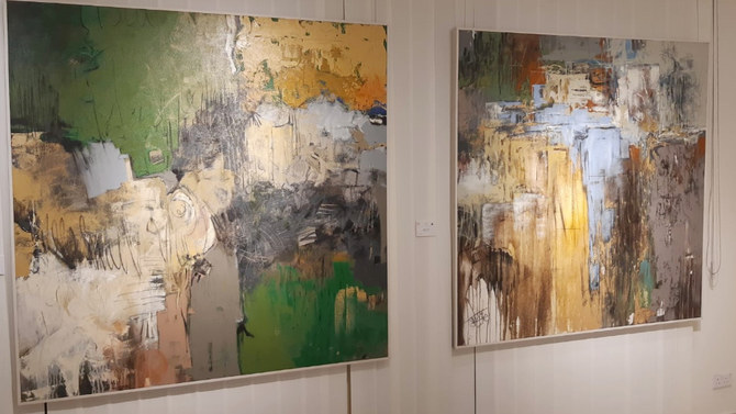 Artwork by Saudi artists fahd Khulaif, left, and nawal al-Suraihi being displayed at the 6-icons exhibition by 55-icon Gallery. 