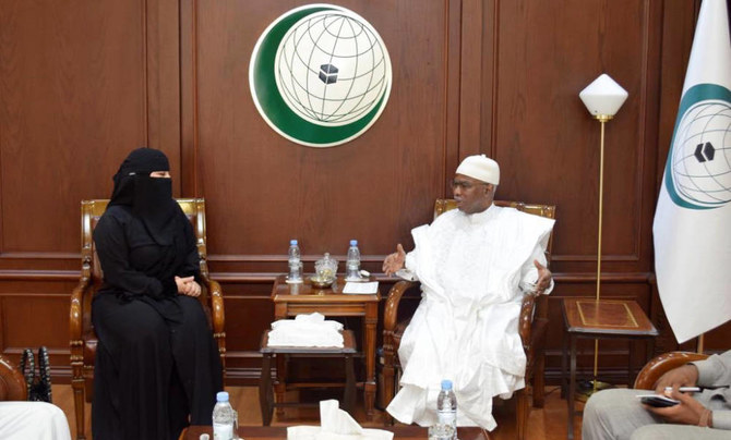 OIC chief Hissein Brahim Taha meets with Noura Al-Rashoud in Jeddah. (Twitter @OIC_OCI)
