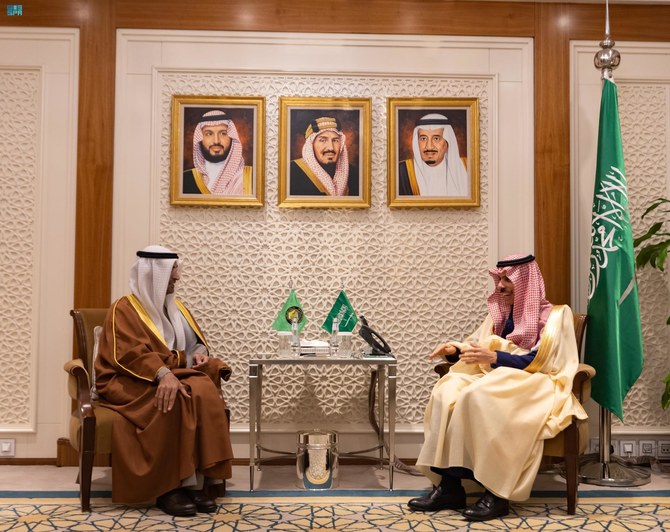 Saudi Arabia’s Foreign Minister Prince Faisal bin Farhan meets with GCC Secretary-General Nayef Falah Al-Hajraf. (SPA)