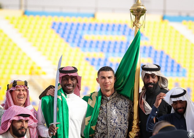 Portuguese superstar Cristiano Ronaldo celebrates Founding Day wearing traditional Saudi attire with his Al-Nassr teammates. 