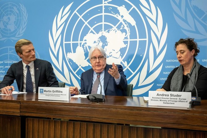 (FromL) Carl Skau, Martin Griffiths and Andrea Studer give a press conference ahead of donor conference for Yemen. (AFP)