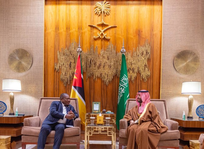 Saudi Arabia’s Crown Prince Mohammed bin Salman receives the President of Mozambique Filipe Nyusi in Riyadh on Saturday. (SPA)