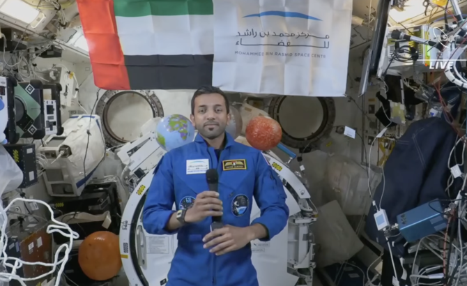 Emirati astronaut Sultan Al-Neyadi talks with UAE leaders from the International Space Station