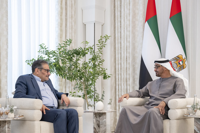 UAE’s President Sheikh Mohamed bin Zayed Al-Nahyan receives Iran’s Supreme National Security Council secretary Ali Shamkhani.
