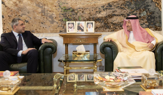 Waleed Al-Khuraiji holds talks with Zurab Pololikashvili in Riyadh. (Supplied)